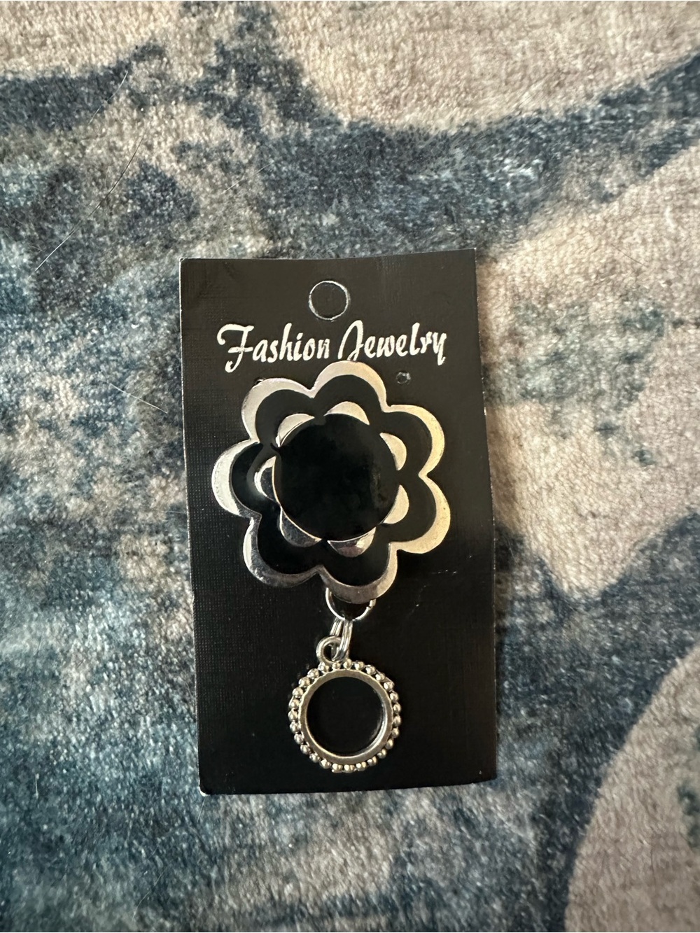 Magnetic Badge Holder Fashion Jewelry Black and Silver Floral Drop Brooch